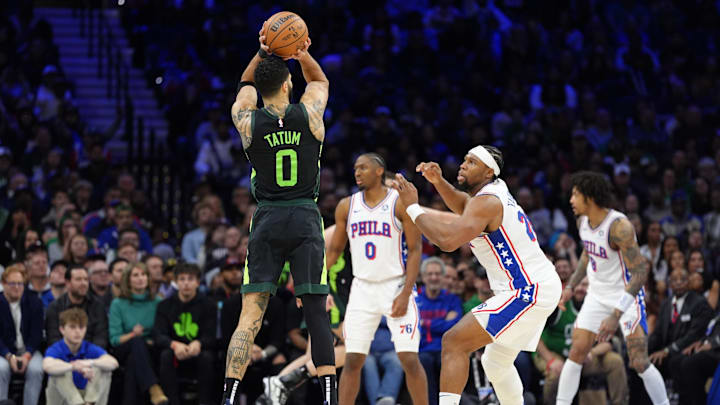 Feb 2, 2025; Philadelphia, Pennsylvania, USA; Boston Celtics forward Jayson Tatum (0) shoots the ball against Philadelphia 76ers forward Guerschon Yabusele (28) in the fourth quarter at Wells Fargo Center. Mandatory Credit: Kyle Ross-Imagn Images Feb 2, 2025; Philadelphia, Pennsylvania, USA; Boston Celtics forward Jayson Tatum (0) shoots the ball against Philadelphia 76ers forward Guerschon Yabusele (28) in the fourth quarter at Wells Fargo Center. Mandatory Credit: Kyle Ross-Imagn Images