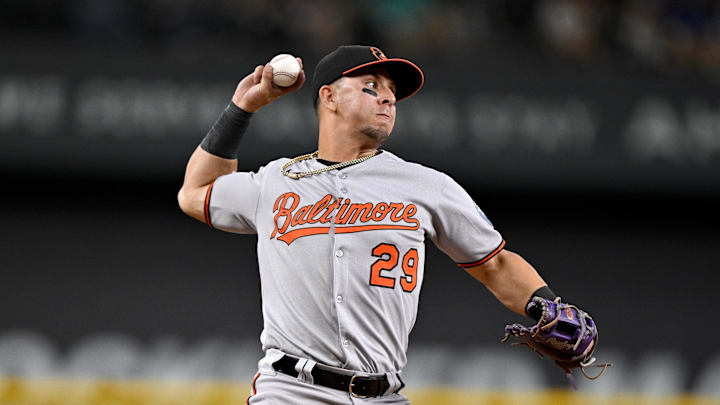 Jun 30, 2025; Arlington, Texas, USA; Baltimore Orioles third baseman Ramon Urias (29) throws out Texas Rangers center fielder Sam Haggerty (not pictured) during the third inning at Globe Life Field. Mandatory Credit: Jerome Miron-Imagn Images