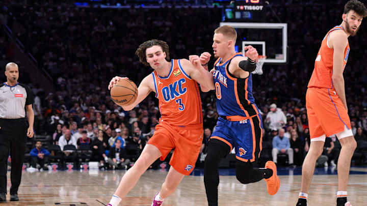 Mar 31, 2024; New York, New York, USA; Oklahoma City Thunder guard Josh Giddey (3) drives to the Mar 31, 2024; New York, New York, USA; Oklahoma City Thunder guard Josh Giddey (3) drives to the