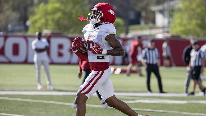Apr 2, 2026; Fayetteville, AR, USA; Arkansas Razorbacks wide receiver Chris Marshall (6) runs after a catch during a passing drill during spring practice at the Arkansas Razorbacks practice facilities. Mandatory Credit: Brett Rojo-Imagn Images Apr 2, 2026; Fayetteville, AR, USA; Arkansas Razorbacks wide receiver Chris Marshall (6) runs after a catch during a passing drill during spring practice at the Arkansas Razorbacks practice facilities. Mandatory Credit: Brett Rojo-Imagn Images