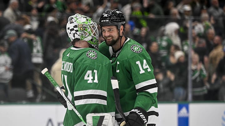 Dec 15, 2023; Dallas, Texas, USA; Dallas Stars goaltender Scott Wedgewood (41) and left wing Jamie