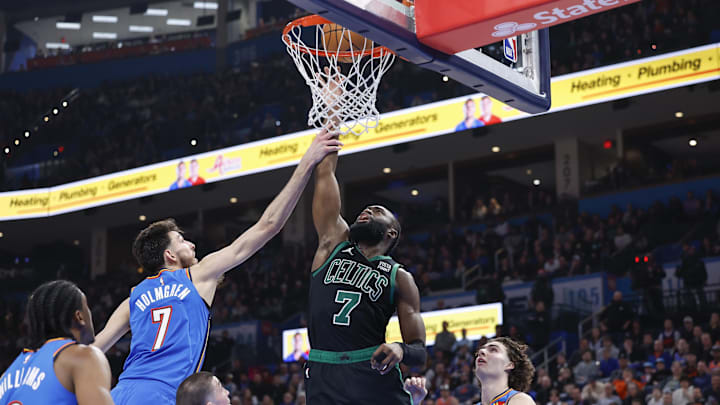 Jan 2, 2024; Oklahoma City, Oklahoma, USA; Boston Celtics guard Jaylen Brown (7) is fouled by