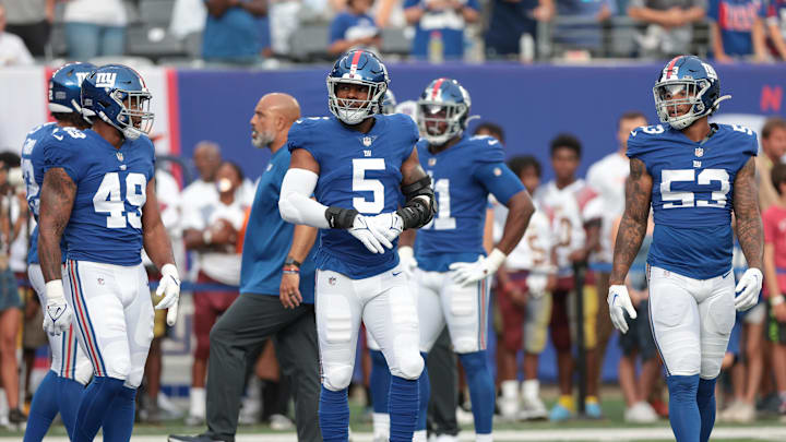Aug 21, 2022; East Rutherford, New Jersey, USA; New York Giants defensive end Kayvon Thibodeaux (5) before the game against the Cincinnati Bengals at MetLife Stadium. Mandatory Credit: Vincent Carchietta-Imagn Images