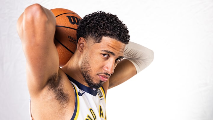 Sep 30, 2024; Indianapolis, IN, USA; Indiana Pacers guard Tyrese Haliburton (0) poses for a photo during 2024 Media day. Mandatory Credit: Trevor Ruszkowski-Imagn Images Sep 30, 2024; Indianapolis, IN, USA; Indiana Pacers guard Tyrese Haliburton (0) poses for a photo during 2024 Media day. Mandatory Credit: Trevor Ruszkowski-Imagn Images