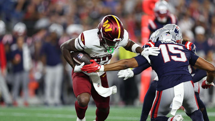 Washington Commanders running back Jacory Croskey-Merritt runs the ball against the New England Patriots. Washington Commanders running back Jacory Croskey-Merritt runs the ball against the New England Patriots.