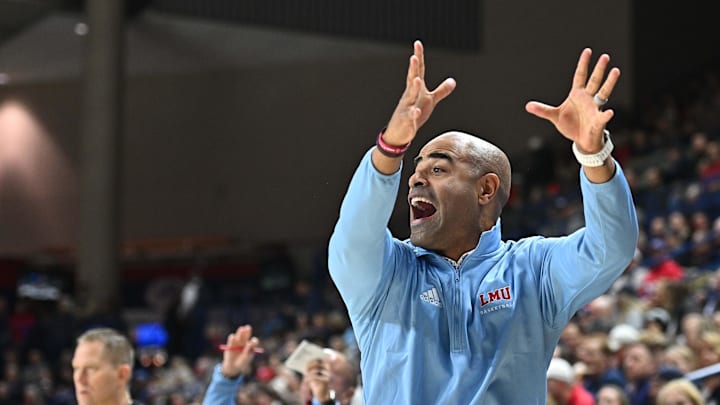 Feb 6, 2025; Spokane, Washington, USA; Loyola Marymount Lions head coach Stan Johnson reacts after a play against the Gonzaga Bulldogs in the first half at McCarthey Athletic Center. Mandatory Credit: James Snook-Imagn Images