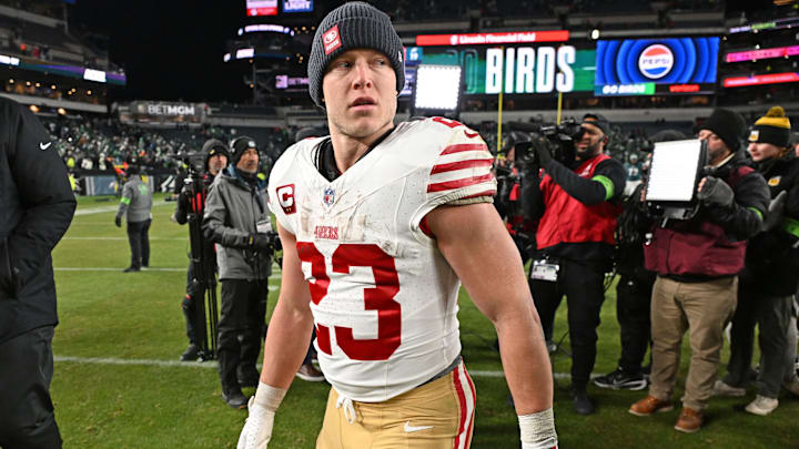 Jan 11, 2026; Philadelphia, PA, USA; San Francisco 49ers running back Christian McCaffrey (23) on the field after win against the Philadelphia Eagles in an NFC Wild Card Round game at Lincoln Financial Field. Mandatory Credit: Eric Hartline-Imagn Images