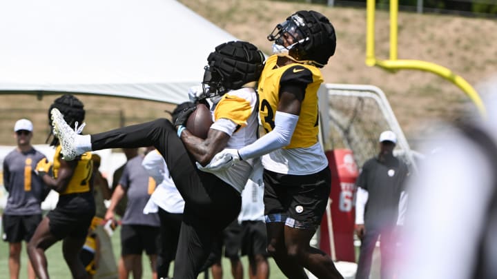 Jul 28, 2024; Latrobe, PA, USA; Pittsburgh Steelers wide receiver Quez Watkins (16) catches a pass in front of safety Damontae Kazee (23) during training camp at Saint Vincent College. Mandatory Credit: Barry Reeger-USA TODAY Sports Jul 28, 2024; Latrobe, PA, USA; Pittsburgh Steelers wide receiver Quez Watkins (16) catches a pass in front of safety Damontae Kazee (23) during training camp at Saint Vincent College. Mandatory Credit: Barry Reeger-USA TODAY Sports