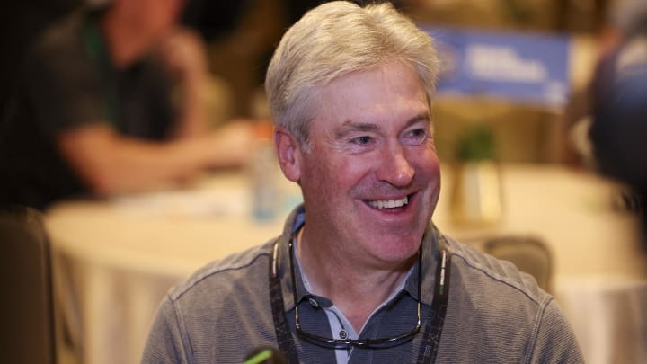 Mar 25, 2024; Orlando, FL, USA;  Jacksonville Jaguars head coach Doug Pederson talks to media during