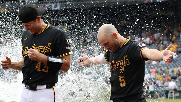 Aug 19, 2026; Pittsburgh, Pennsylvania, USA; Pittsburgh Pirates catcher Rafael Flores Jr. (43) and designated hitter Brandon Lowe (5) are splashed with water after hitting solo home runs in the ninth inning to help defeat the Detroit Tigers at PNC Park. Mandatory Credit: Charles LeClaire-Imagn Images Aug 19, 2026; Pittsburgh, Pennsylvania, USA; Pittsburgh Pirates catcher Rafael Flores Jr. (43) and designated hitter Brandon Lowe (5) are splashed with water after hitting solo home runs in the ninth inning to help defeat the Detroit Tigers at PNC Park. Mandatory Credit: Charles LeClaire-Imagn Images