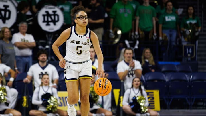 Notre Dame guard Olivia Miles brings the ball up the court during an exhibition game against Davenport on Wednesday, Oct. 30, 2024, at Purcell Pavilion in South Bend. Notre Dame won 101-41.