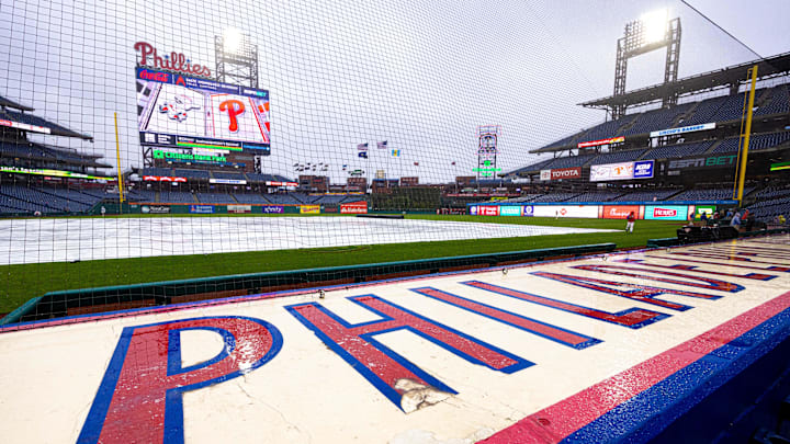 Apr 3, 2024; Philadelphia, Pennsylvania, USA; General view of Citizens Bank Park before a rain delayed game between the Philadelphia Phillies and the Cincinnati Reds. Mandatory Credit: Bill Streicher-Imagn Images