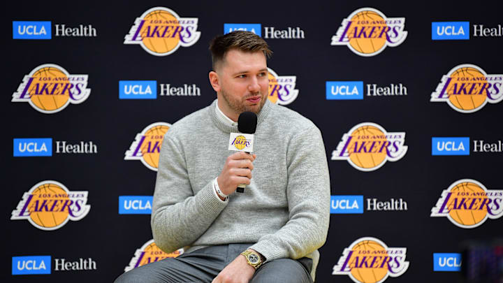 Feb 4, 2025; El Segundo, CA, USA; Los Angeles Lakers guard Luka Doncic is introduced at UCLA Health Training Center. Mandatory Credit: Gary A. Vasquez-Imagn Images
