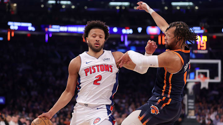 Feb 26, 2024; New York, New York, USA; Detroit Pistons guard Cade Cunningham (2) brings the ball up court against New York Knicks guard Jalen Brunson (11) during the first quarter at Madison Square Garden. Mandatory Credit: Brad Penner-Imagn Images