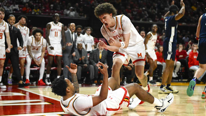 Maryland Terrapins guard Darius Adams (1) celebrates with guard David Coit (8). Credit: Tommy Gilligan-Imagn Images