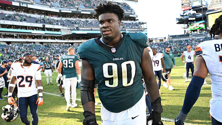 Oct 5, 2025; Philadelphia, Pennsylvania, USA; Philadelphia Eagles defensive tackle Jordan Davis (90) walks off the field after loss against the Denver Broncos at Lincoln Financial Field. Mandatory Credit: Eric Hartline-Imagn Images