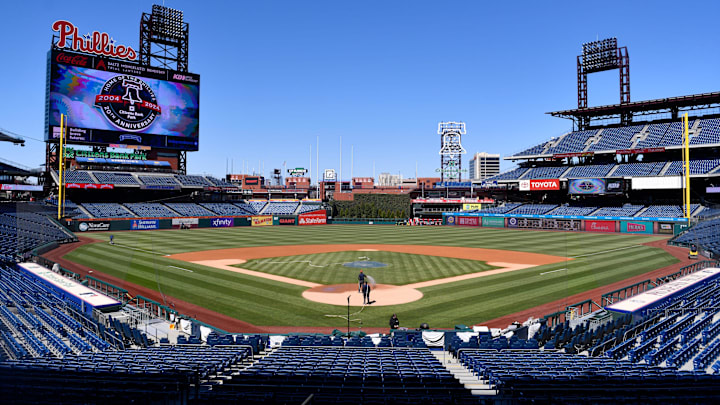 Members of the Phillies' grounds crew tend to the field at Citizens Bank Park in Philadelphia, in preparation of the start of the baseball season, on Monday, March 25, 2024. Members of the Phillies' grounds crew tend to the field at Citizens Bank Park in Philadelphia, in preparation of the start of the baseball season, on Monday, March 25, 2024.