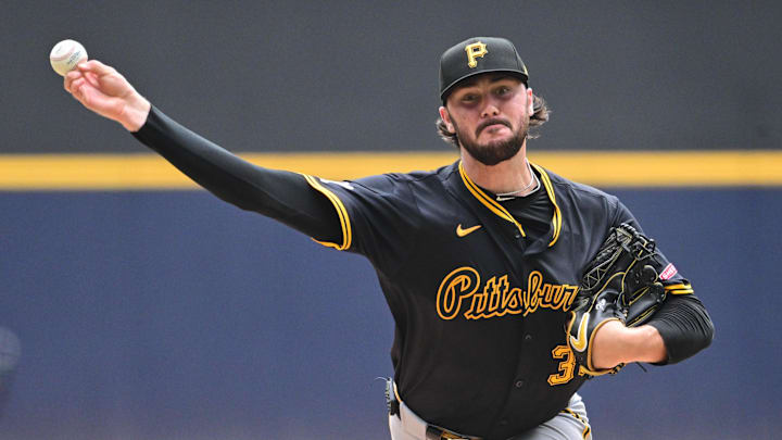 Jun 25, 2025; Milwaukee, Wisconsin, USA;  Pittsburgh Pirates starting pitcher Paul Skenes throws a pitch in the fifth inning against the Milwaukee Brewers at American Family Field. Mandatory Credit: Benny Sieu-Imagn Images