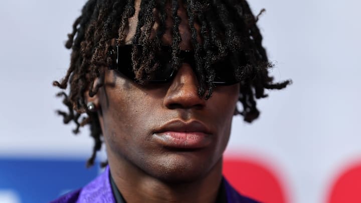 Jun 26, 2024; Brooklyn, NY, USA; Ja'Kobe Walter arrives before the first round of the 2024 NBA Draft at Barclays Center. Mandatory Credit: Brad Penner-USA TODAY Sports