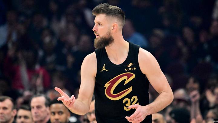 Feb 19, 2026; Cleveland, Ohio, USA; Cleveland Cavaliers forward Dean Wade (32) celebrates after hitting a three point basket against the Brooklyn Nets during the first quarter at Rocket Arena. Mandatory Credit: Ken Blaze-Imagn Images Feb 19, 2026; Cleveland, Ohio, USA; Cleveland Cavaliers forward Dean Wade (32) celebrates after hitting a three point basket against the Brooklyn Nets during the first quarter at Rocket Arena. Mandatory Credit: Ken Blaze-Imagn Images