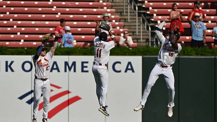 Sep 20, 2026; St. Louis, Missouri, USA; St. Louis Cardinals center fielder Nathan Church (27), center fielder Victor Scott II (11), and right fielder Jordan Walker (18) celebrate after defeating the Washington Nationals at Busch Stadium. Mandatory Credit: Jeff Le-Imagn Images Sep 20, 2026; St. Louis, Missouri, USA; St. Louis Cardinals center fielder Nathan Church (27), center fielder Victor Scott II (11), and right fielder Jordan Walker (18) celebrate after defeating the Washington Nationals at Busch Stadium. Mandatory Credit: Jeff Le-Imagn Images