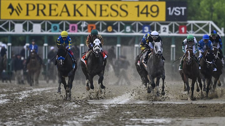 May 18, 2024; Baltimore, Maryland, USA;   Jamie Torres aboard Seize the Grey (6) leads the entries out of the starting gate during the running of the 149th Preakness Stakes at Pimlico Race Course. Mandatory Credit: Tommy Gilligan-Imagn Images