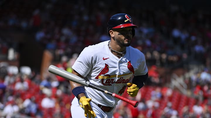 Sep 21, 2025; St. Louis, Missouri, USA; St. Louis Cardinals designated hitter Ivan Herrera (48) tosses his bat after hitting a two run home run against the Milwaukee Brewers during the third inning at Busch Stadium. Mandatory Credit: Jeff Curry-Imagn Images Sep 21, 2025; St. Louis, Missouri, USA; St. Louis Cardinals designated hitter Ivan Herrera (48) tosses his bat after hitting a two run home run against the Milwaukee Brewers during the third inning at Busch Stadium. Mandatory Credit: Jeff Curry-Imagn Images