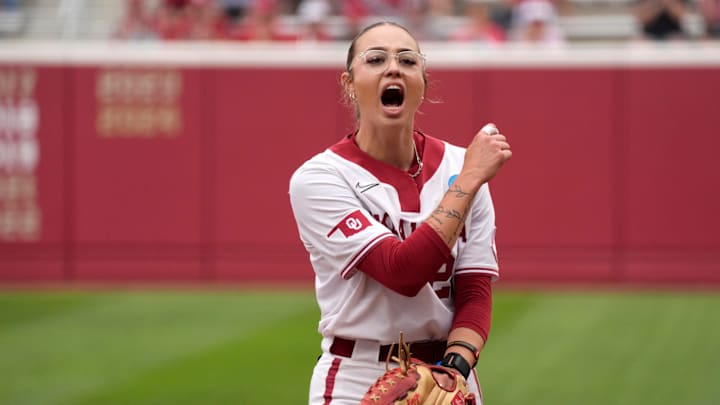 Oklahoma starting pitcher Sam Landry (21) celebrates after the final out of the first inning of a softball game in the Norman Regional of the NCAA Tournament between the University of Oklahoma Sooners (OU) and the California Golden Bears at Love's Field in Norman, Okla., Sunday, May 18, 2025.