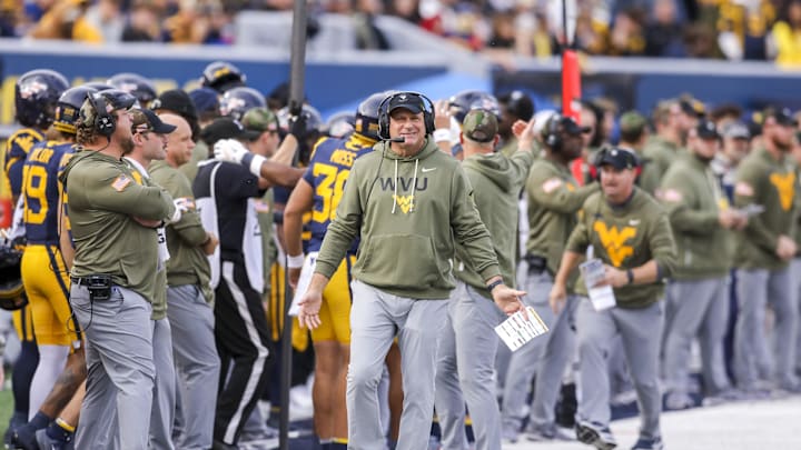 Nov 8, 2025; Morgantown, West Virginia, USA; West Virginia Mountaineers head coach Rich Rodriguez reacts after a play during the third quarter against the Colorado Buffaloes at Milan Puskar Stadium. Mandatory Credit: Ben Queen-Imagn Images