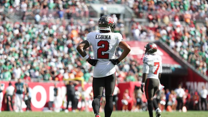 Sep 28, 2025; Tampa, Florida, USA; Tampa Bay Buccaneers wide receiver Emeka Egbuka (2) looks on during the fourth quarter against Philadelphia Eagles at Raymond James Stadium. Mandatory Credit: Nathan Ray Seebeck-Imagn Images