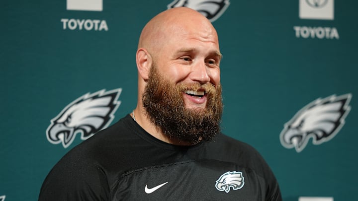 Jun 10, 2025; Philadelphia, PA, USA; Philadelphia Eagles offensive lineman Lane Johnson (65) addresses media during a press conference at NovaCare Complex. Jun 10, 2025; Philadelphia, PA, USA; Philadelphia Eagles offensive lineman Lane Johnson (65) addresses media during a press conference at NovaCare Complex.