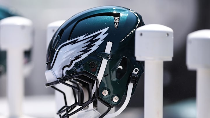 Aug 16, 2025; Philadelphia, Pennsylvania, USA; Philadelphia Eagles helmet on the bench during a game against the Cleveland Browns at Lincoln Financial Field. Mandatory Credit: Bill Streicher-Imagn Images