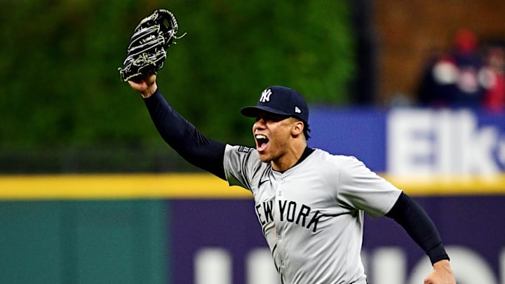 Oct 19, 2024; Cleveland, Ohio, USA; New York Yankees outfielder Juan Soto (22) celebrates after making the final out to beat the Cleveland Guardians during game five of the ALCS for the 2024 MLB playoffs at Progressive Field. Mandatory Credit: David Dermer-Imagn Images