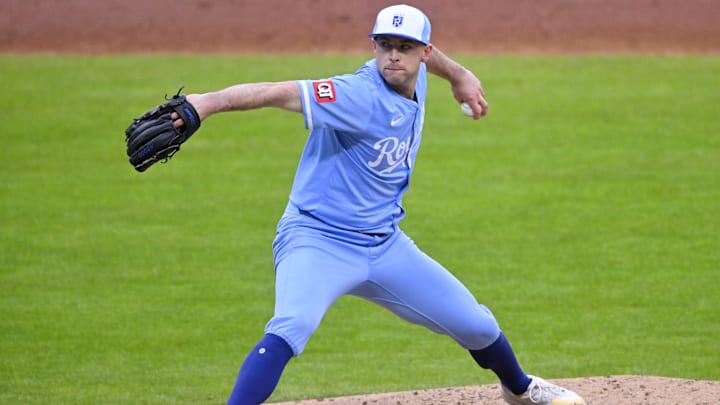 Apr 11, 2025; Cleveland, Ohio, USA; Kansas City Royals starting pitcher Kris Bubic (50) delivers a pitch in the second inning against the Cleveland Guardians at Progressive Field. Mandatory Credit: David Richard-Imagn Images