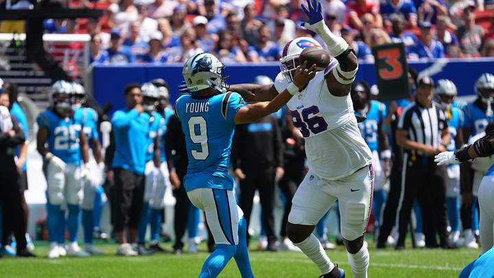 Aug. 15, 2026; Orchard Park, New York, USA; Buffalo Bills' defensive tackle Deone Walker (96) pressures Carolina Panthers' quarterback Bryce Young (9) during the first half of a preseason game at the new Highmark Stadium. Aug. 15, 2026; Orchard Park, New York, USA; Buffalo Bills' defensive tackle Deone Walker (96) pressures Carolina Panthers' quarterback Bryce Young (9) during the first half of a preseason game at the new Highmark Stadium.