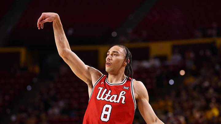 Feb 28, 2026; Tempe, Arizona, USA; Utah Utes forward  Keanu Dawes (8) against the Arizona State Sun Devils at Desert Financial Arena. Mandatory Credit: Mark J. Rebilas-Imagn Images