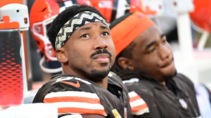 Nov 3, 2024; Cleveland, Ohio, USA; Cleveland Browns defensive end Myles Garrett (95) sits on the sidelines during the second half against the Los Angeles Chargers at Huntington Bank Field. Mandatory Credit: Ken Blaze-Imagn Images
