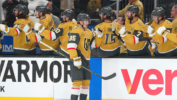 May 8, 2025; Las Vegas, Nevada, USA; Vegas Golden Knights right wing Victor Olofsson (95) celebrates after scoring a goal against the Edmonton Oilers during the first period of game two of the second round of the 2025 Stanley Cup Playoffs at T-Mobile Arena. Mandatory Credit: Stephen R. Sylvanie-Imagn Images