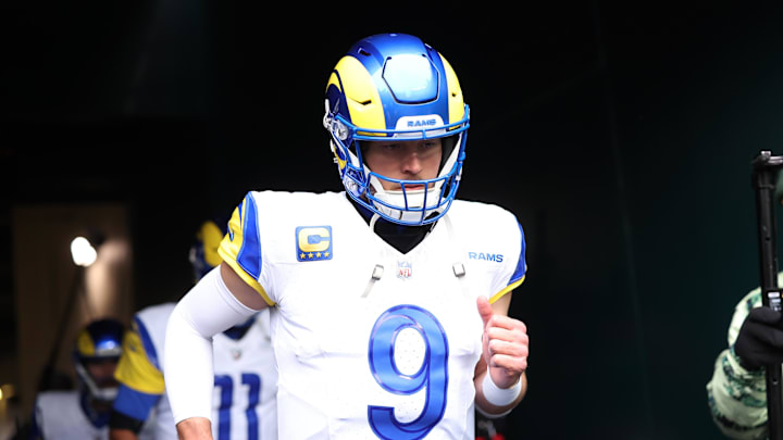 Jan 19, 2025; Philadelphia, Pennsylvania, USA; Los Angeles Rams quarterback Matthew Stafford (9) runs onto the field prior to the game against the Philadelphia Eagles in a 2025 NFC divisional round game at Lincoln Financial Field.  