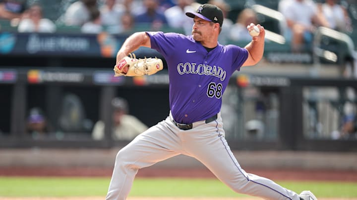 Jul 14, 2024; New York City, New York, USA; Colorado Rockies relief pitcher Jalen Beeks (68) delivers a pitch during the eighth inning against the New York Mets at Citi Field. Mandatory Credit: Vincent Carchietta-Imagn Images
