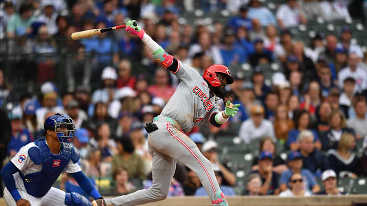 Sep 29, 2024; Chicago, Illinois, USA; Cincinnati Reds shortstop Elly De La Cruz (44) hits a two-run triple during the tenth inning against the Chicago Cubs at Wrigley Field. Mandatory Credit: Patrick Gorski-Imagn Images