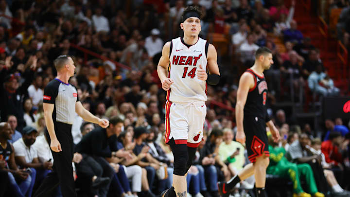 Apr 19, 2024; Miami, Florida, USA; Miami Heat guard Tyler Herro (14) looks on after scoring against the Chicago Bulls - Sam Navarro-USA TODAY Sports