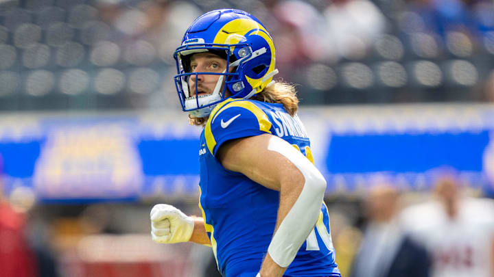 October 15, 2023; Inglewood, California, USA; Los Angeles Rams wide receiver Ben Skowronek (18) before the game against the Arizona Cardinals at SoFi Stadium. Mandatory Credit: Kyle Terada-Imagn Images