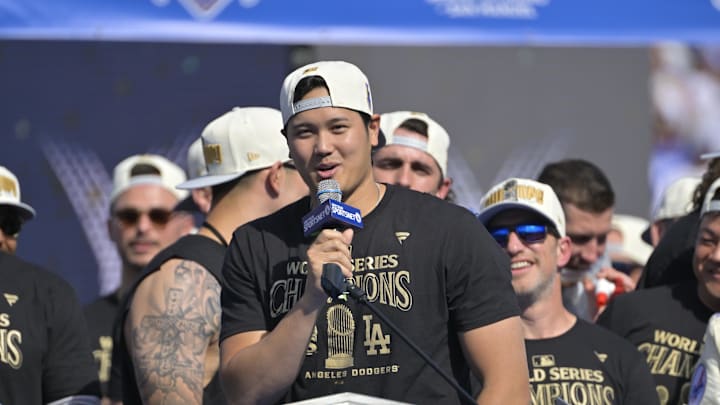 Nov 1, 2024; Los Angeles, CA, USA; Los Angeles Dodgers designated hitter Shohei Ohtani (17) to speaks to fans, in english, during the World Series Championship Celebration at Dodger Stadium. Mandatory Credit: Jayne Kamin-Oncea-Imagn Images Nov 1, 2024; Los Angeles, CA, USA; Los Angeles Dodgers designated hitter Shohei Ohtani (17) to speaks to fans, in english, during the World Series Championship Celebration at Dodger Stadium. Mandatory Credit: Jayne Kamin-Oncea-Imagn Images