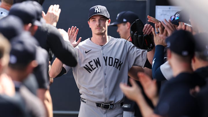 New York Yankees pitcher Max Fried (54) is greeted in the dugout after allowing just two hits Sunday against the Tampa Bay Rays. New York Yankees pitcher Max Fried (54) is greeted in the dugout after allowing just two hits Sunday against the Tampa Bay Rays.