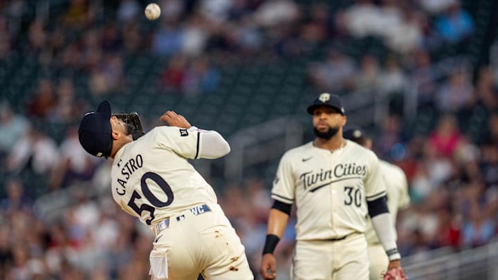 Sep 26, 2024; Minneapolis, Minnesota, USA; Minnesota Twins second base Willi Castro (50) catches the second out of the first inning hit by Miami Marlins second base Otto Lopez (61) at Target Field. Mandatory Credit: Matt Blewett-Imagn Images