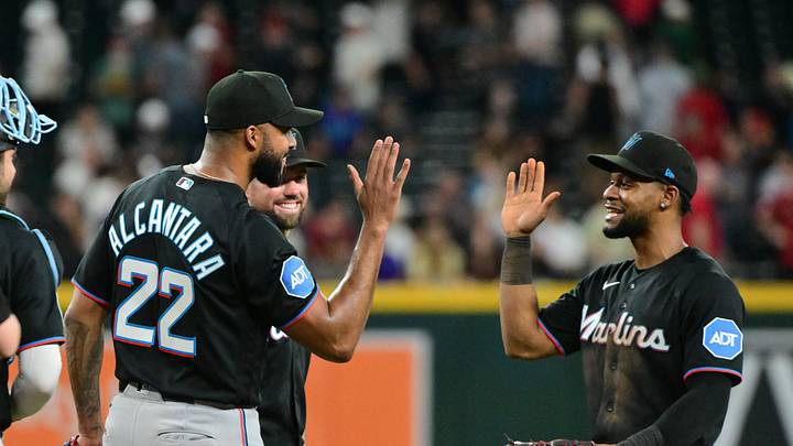 Miami Marlins pitcher Sandy Alcantara celebrates with shortstop Otto Lopez Mandatory Credit: Matt Kartozian-Imagn Images Miami Marlins pitcher Sandy Alcantara celebrates with shortstop Otto Lopez Mandatory Credit: Matt Kartozian-Imagn Images