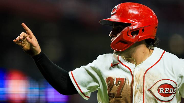 Sep 1, 2026; Cincinnati, Ohio, USA; Cincinnati Reds first baseman Sal Stewart (27) reacts after scoring on a sacrifice fly out hit by second baseman Juan Brito (not pictured) in the eighth inning against the San Diego Padres at Great American Ball Park. Mandatory Credit: Katie Stratman-Imagn Images Sep 1, 2026; Cincinnati, Ohio, USA; Cincinnati Reds first baseman Sal Stewart (27) reacts after scoring on a sacrifice fly out hit by second baseman Juan Brito (not pictured) in the eighth inning against the San Diego Padres at Great American Ball Park. Mandatory Credit: Katie Stratman-Imagn Images