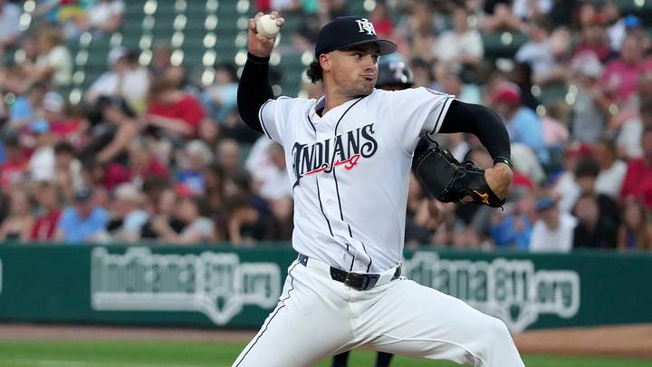 Indianapolis Indians relief pitcher Khristian Curtis (31) throws during a game celebrating the Indians’ 30th anniversary Saturday, July 11, 2026, at Victory Field in Indianapolis. The Indians fell to the Mud Hens 4-3.