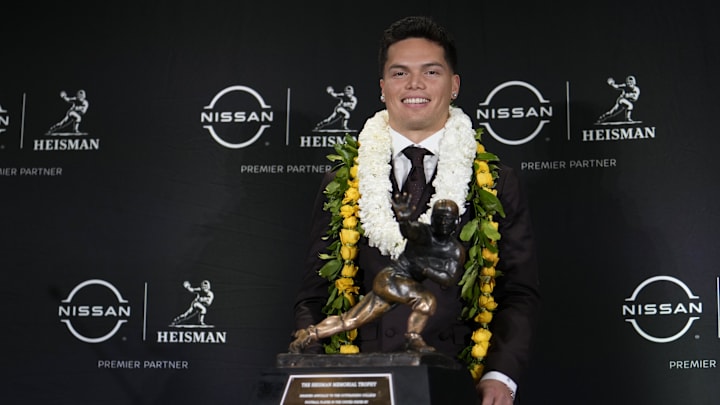 Dec 14, 2024; New York, NY, USA; Oregon Ducks quarterback Dillon Gabriel poses for a photo during a press conference before the 2024 Heisman Trophy Presentation.